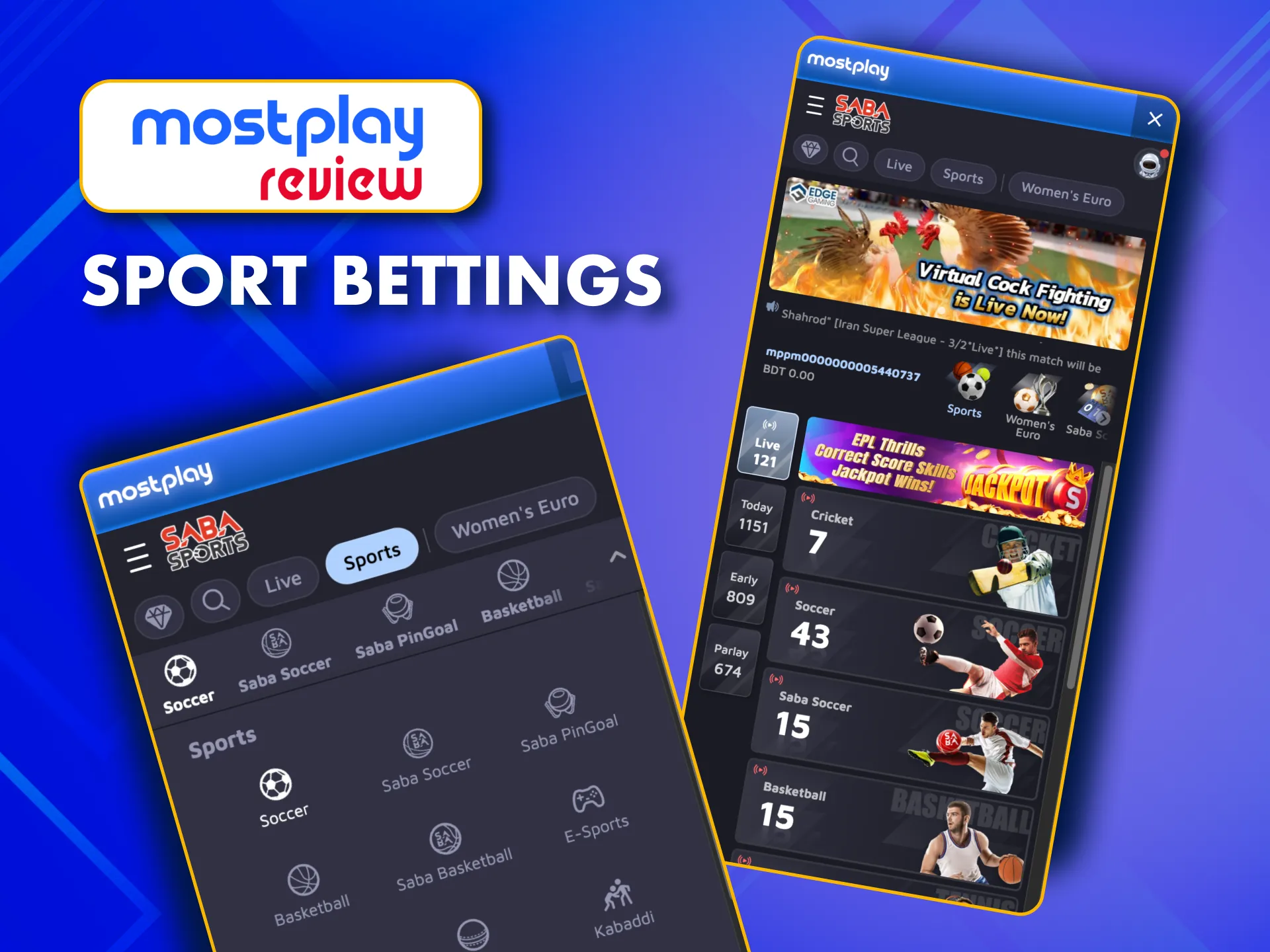 Pre-match and live betting on 50+ sports and esports in MostPlay app.