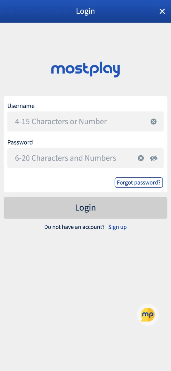 Provide your username and password at the online casino MostPlay.