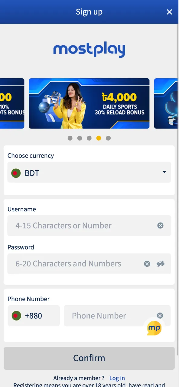 MostPlay registration page, create an account.