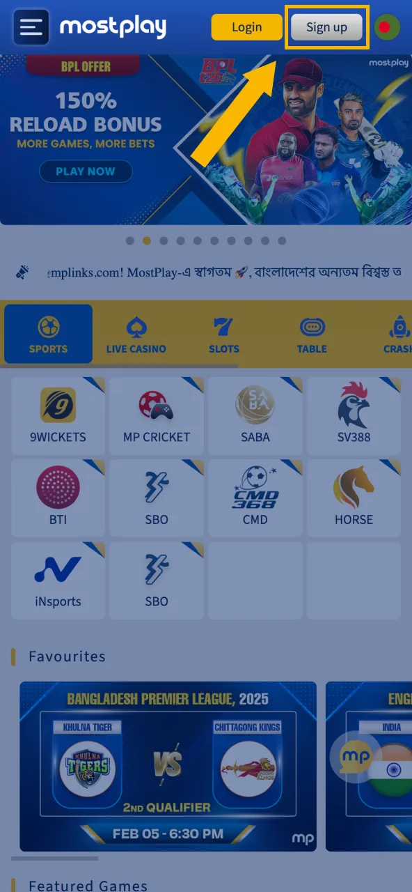 Go to the MostPlay website and select 'Sign Up'.