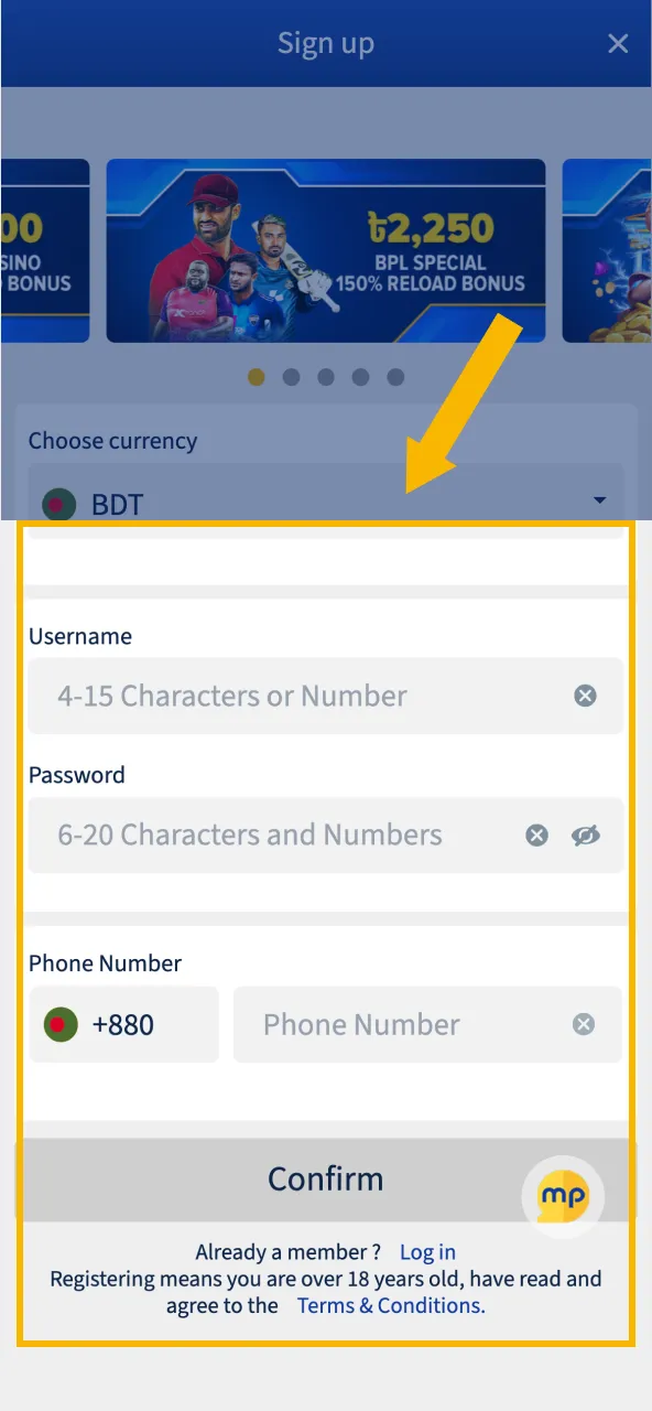 For MostPlay, pick BDT, create login details, and input your phone number.