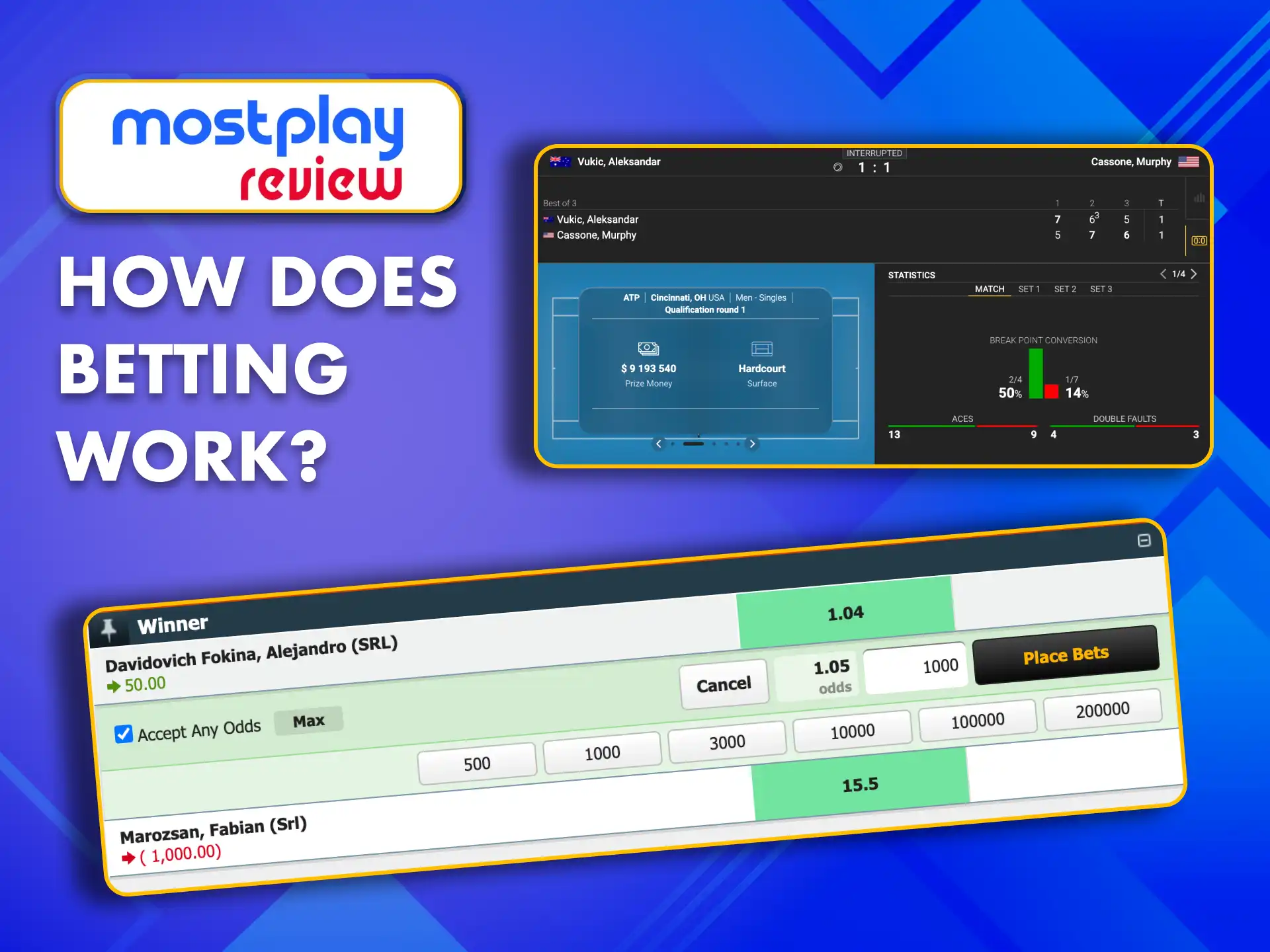 Bet on tennis at MostPlay before the match or while it’s live.