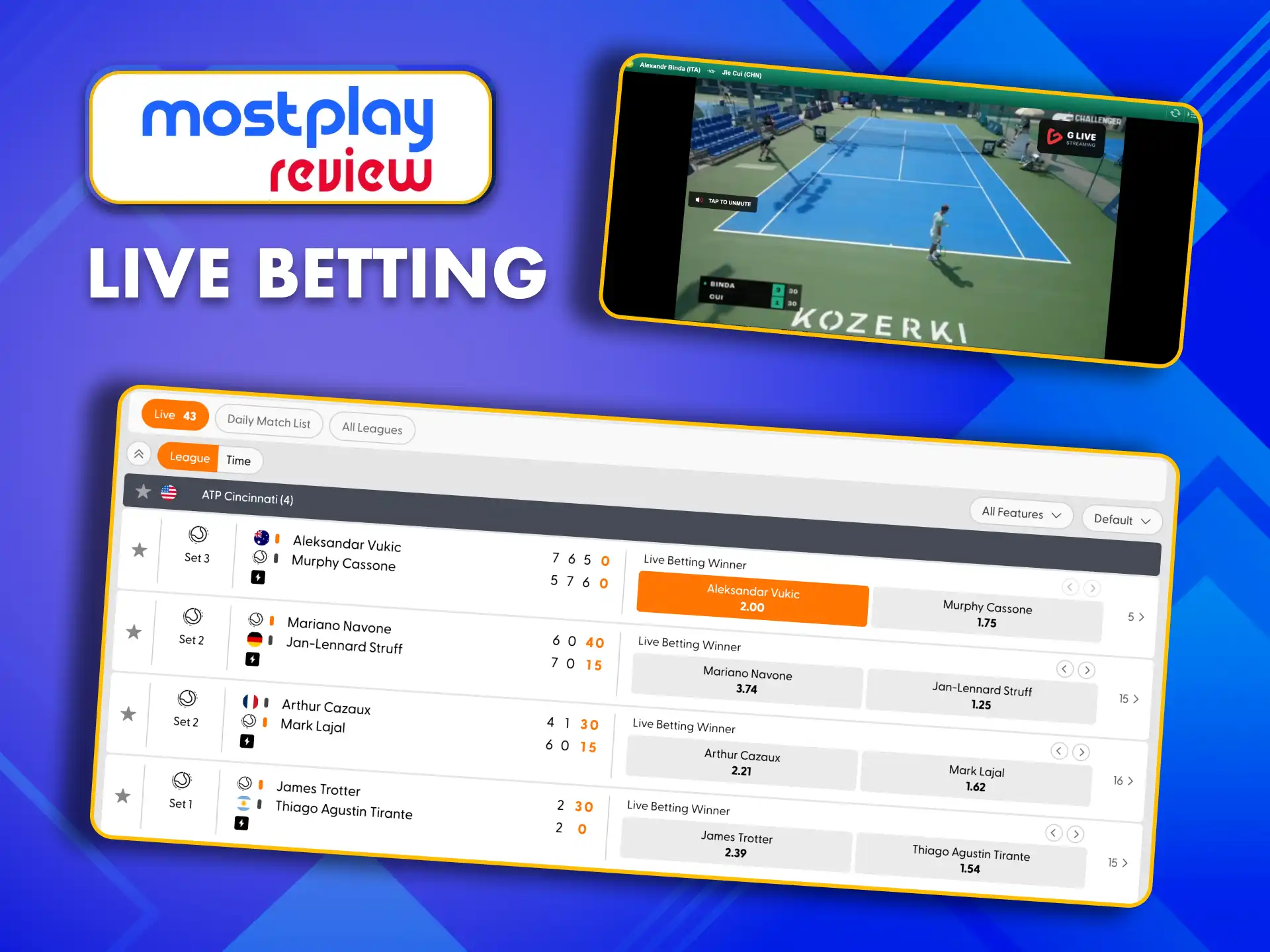 Place live bets on tennis with real-time updates at MostPlay.